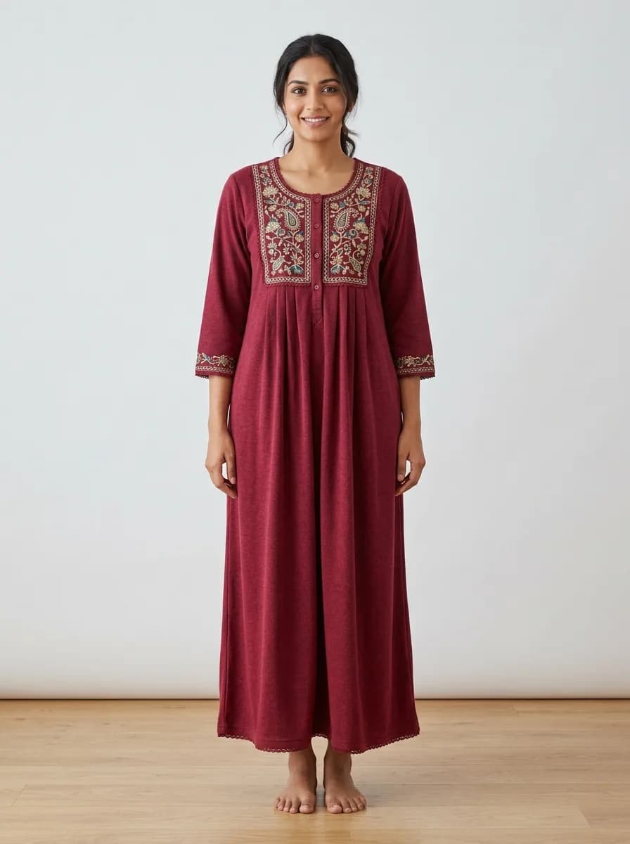 Embroidered Yoke Alpine Fabric Cozy Nighty