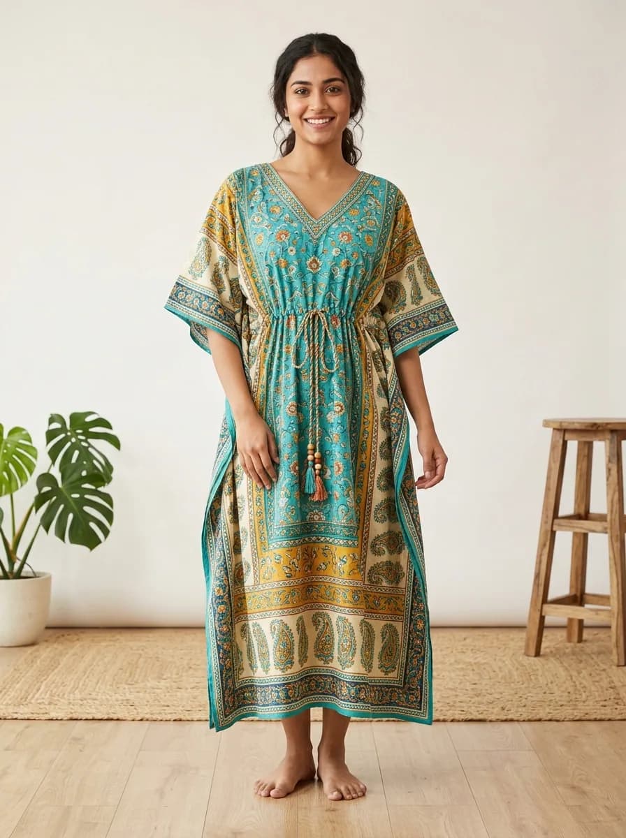 Boho Paisley Print Cotton Kaftan Nighty with Dori