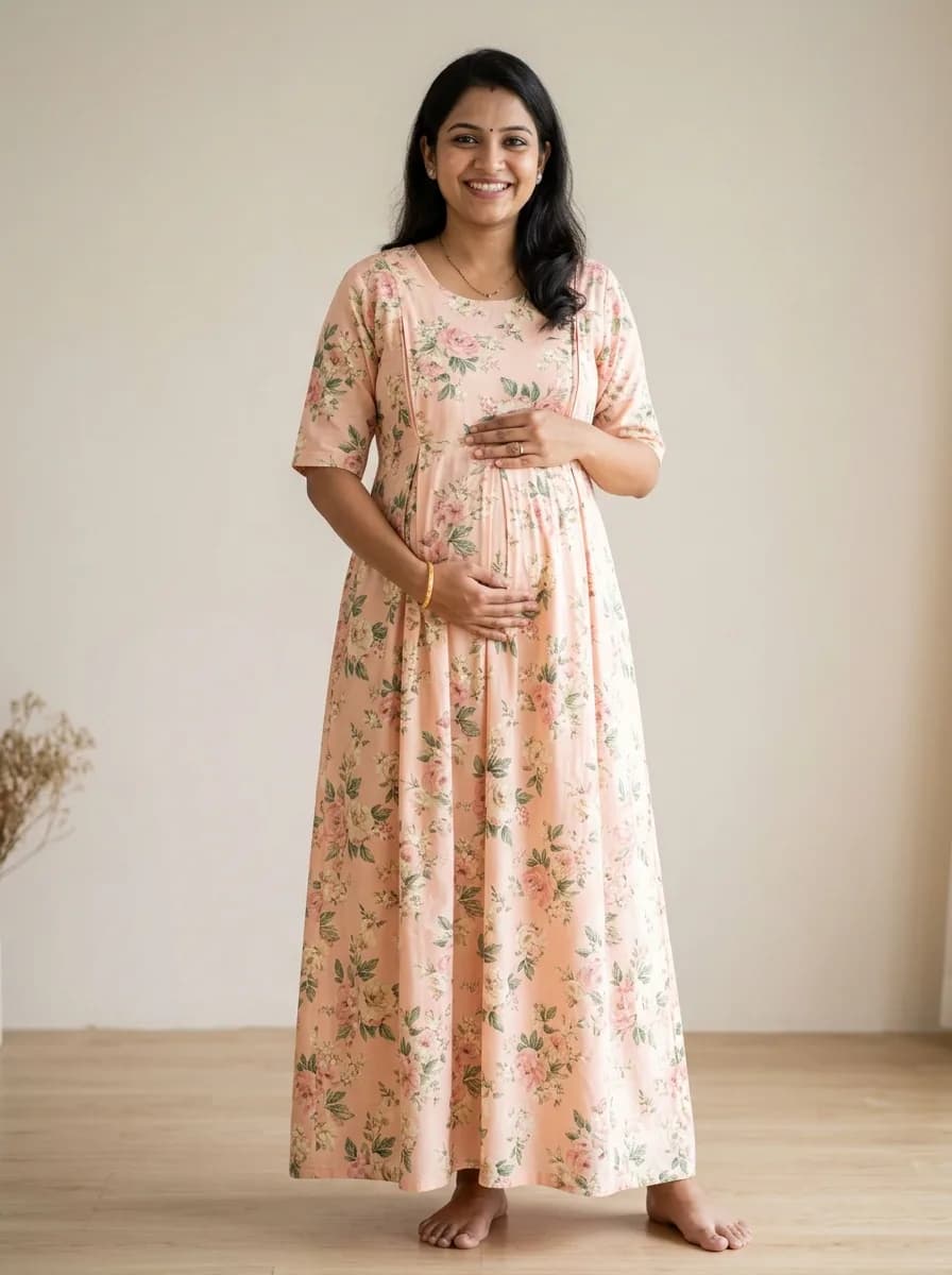 Soft Mulmul Feeding Gown with Floral Yoke