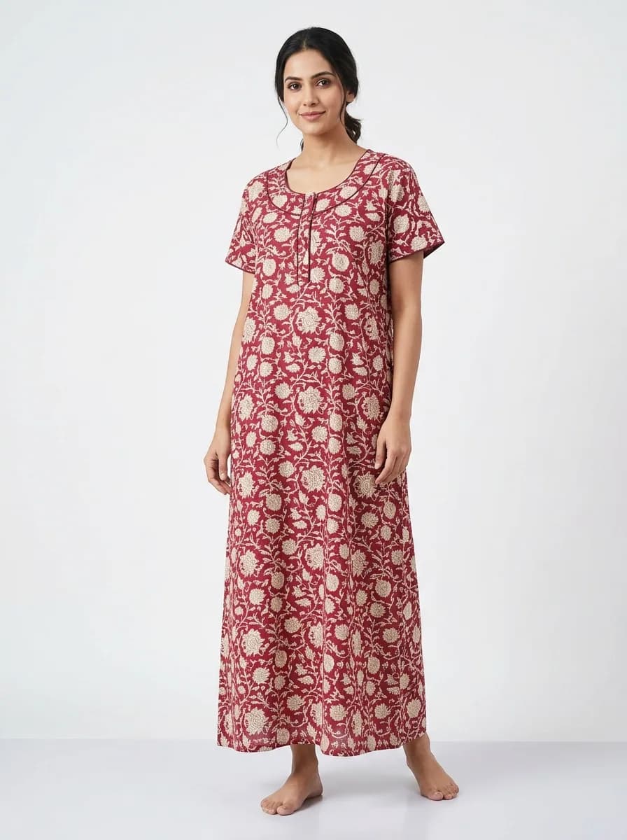 Jaipuri Floral Print Pure Cotton Maxi Nighty