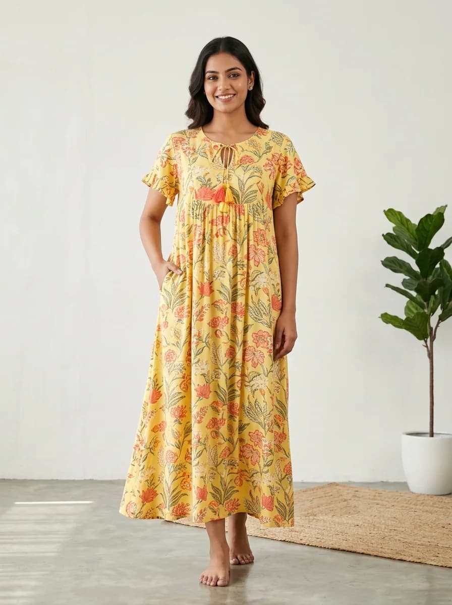 Sunny Botanical Floral Soft Rayon Daily Nighty
